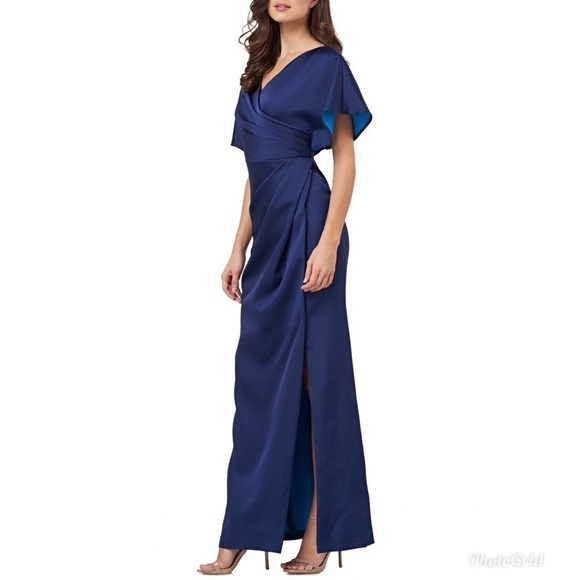 JS Collections Faux Wrap Bonded Satin Navy Gown 2 - Picture 2 of 8